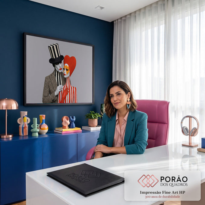Quadro Decorativo Grande Casal Estilizado para Sala Preto | quadros decorativos | duas figuras com maquiagem artística, cartola listrada e adereço de coração vermelho | em ambiente 2 | Porao dos Quadros