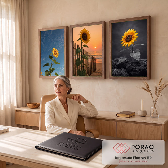 Quadro Decorativo Kit 3 Telas Girassol para Sala Amarelo | quadros decorativos | girassol amarelo retratado em três cenários, céu azul, praia ao pôr do sol e pedras em preto e branco | em ambiente 2 | Porao dos Quadros