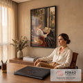 Quadro Decorativo Grande Mulher Lendo Junto para Sala Marrom | quadros decorativos | mulher lendo livro perto de janela em estilo impressionista com tons terrosos | em ambiente 2 | Porao dos Quadros