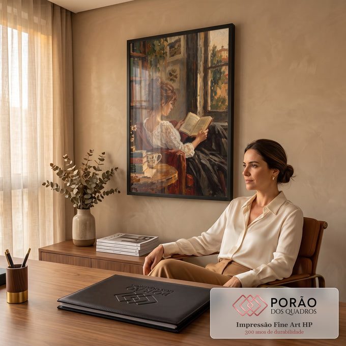 Quadro Decorativo Grande Mulher Lendo Junto para Sala Marrom | quadros decorativos | mulher lendo livro perto de janela em estilo impressionista com tons terrosos | em ambiente 2 | Porao dos Quadros