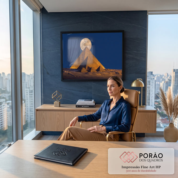 Pirâmides de Gizé iluminadas em dourado com lua cheia no topo e céu azul noturno, quadro decorativo