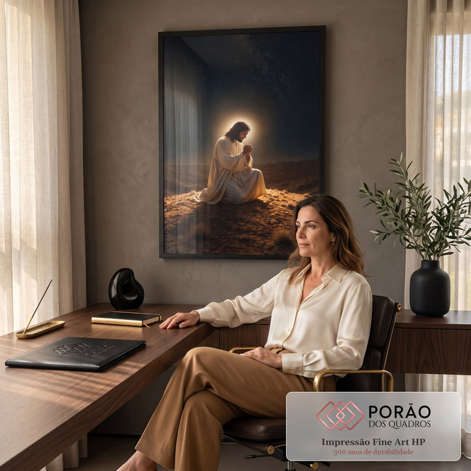 Quadro Decorativo Grande Jesus em Oração Preto para Sala | quadros decorativos | homem ajoelhado em oração com halo dourado sob céu estrelado | em ambiente 2 | Porao dos Quadros