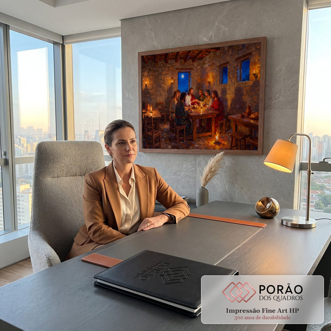 Jesus partindo o pão com os apóstolos em sala de pedra à luz de velas e lua cheia, quadro decorativo