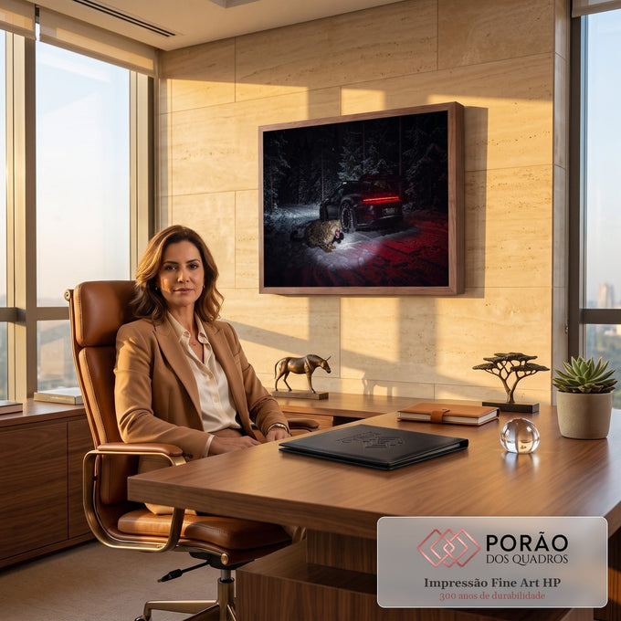 Porsche 911 preto na floresta nevada à noite com leopardo-das-neves rugindo e luz vermelha, quadro decorativo