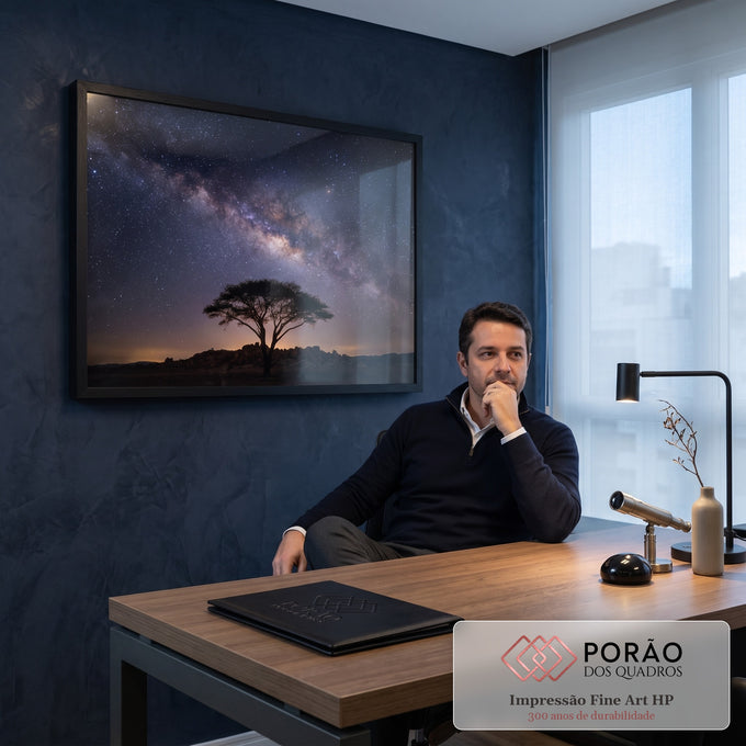 Quadro Decorativo Grande Árvore Solitária para Sala Azul | quadros decorativos | árvore em silhueta sob céu estrelado com a Via Láctea visível | em ambiente 2 | Porao dos Quadros