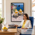 Sorvete de limão na casca sobre mesa de mármore com mar azul e rochedos de Capri ao fundo, quadro decorativo