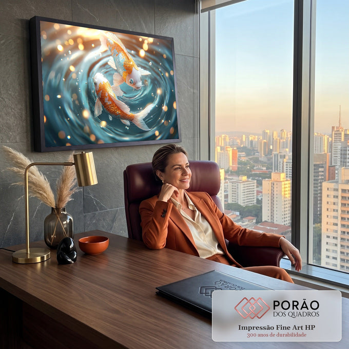 Dois peixes koi laranja e brancos nadando em espiral na água azul com bolhas e luzes, quadro decorativo