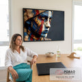 Quadro Decorativo Grande Rosto Tribal para Sala Azul | quadros decorativos | rosto com pintura tribal azul e vermelha, runas douradas e costuras falsas | em ambiente 2 | Porao dos Quadros