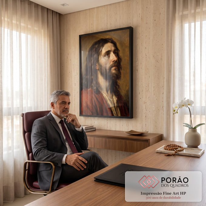 Retrato de Jesus de perfil em óleo, manto vermelho e olhar ao céu sobre fundo marrom, quadro decorativo