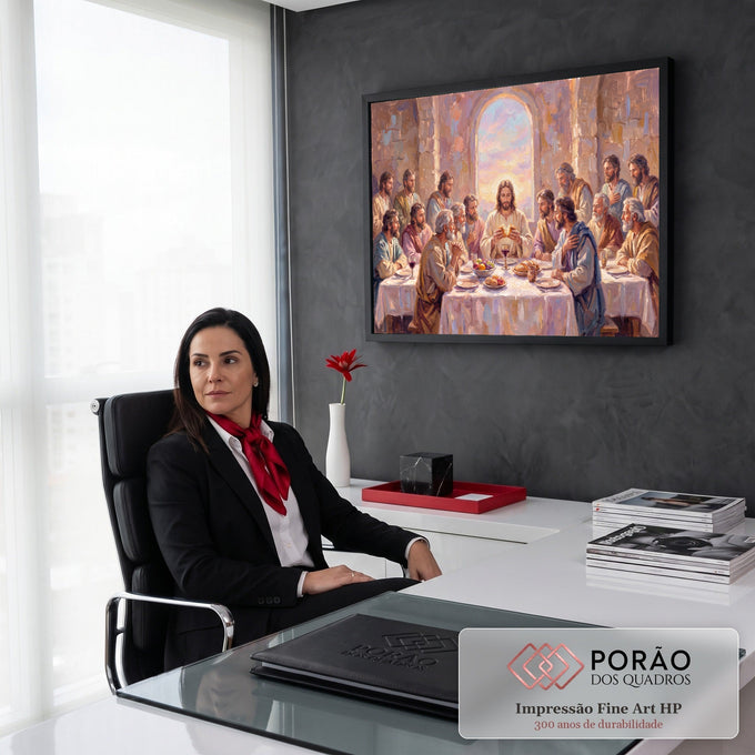 Pintura a óleo da Santa Ceia, Jesus partindo o pão com apóstolos sob janela em arco, quadro decorativo