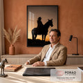 Silhueta de cowboy montado a cavalo contra céu laranja do pôr do sol, quadro decorativo