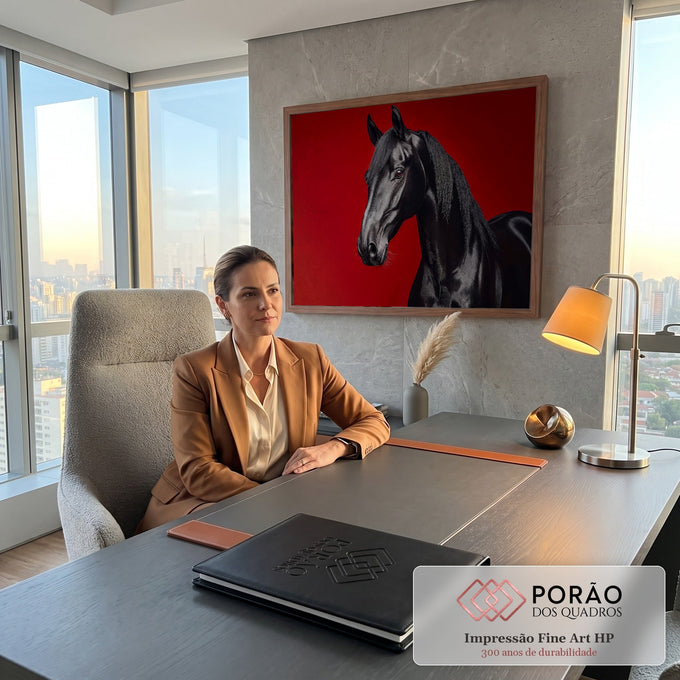 Quadro Decorativo Grande Cavalo Crina para Sala Preto | quadros decorativos | cavalo preto de perfil com crina longa sobre fundo vermelho vibrante | em ambiente 2 | Porao dos Quadros