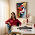 Rosto de gueixa com sol vermelho, pagode dourado, cerejeira e pássaros brancos, quadro decorativo