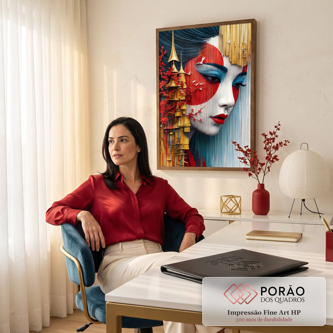 Rosto de gueixa com sol vermelho, pagode dourado, cerejeira e pássaros brancos, quadro decorativo