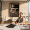 Tigre branco caminhando diante de carro esportivo em garagem de mármore ao pôr do sol, quadro decorativo