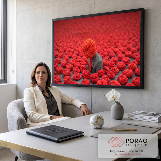 Quadro Decorativo Grande Figura para Sala Vermelho | quadros decorativos | figura de blazer cinza com cabeça feita de novelo de lã vermelha em campo de novelos | em ambiente 2 | Porao dos Quadros