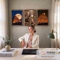 Quadro Decorativo Kit 3 Telas Pirâmides do Egito para Sala | quadros decorativos | tríptico com pirâmides, lua cheia, rainha egípcia em trono dourado e camelos no deserto | em ambiente 2 | Porao dos Quadros