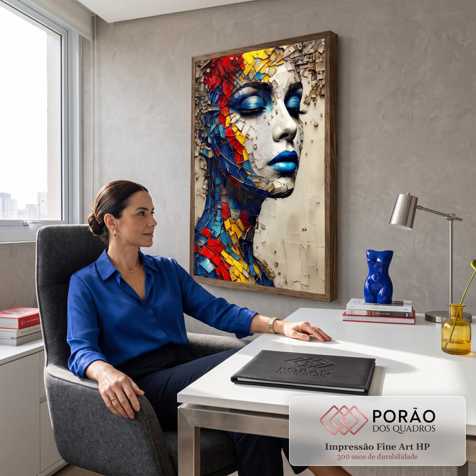 Rosto de mulher de olhos fechados e lábios azuis em mosaico vermelho, amarelo e azul, quadro decorativo
