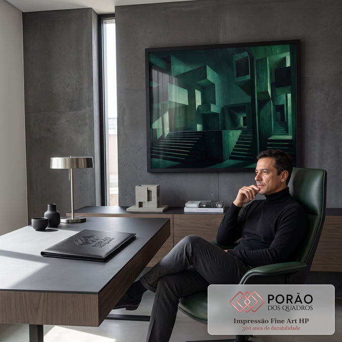 Pintura a óleo de arquitetura brutalista verde com escadas e blocos de concreto, quadro decorativo