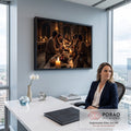 Jesus parte o pão com os apóstolos em mesa à luz de velas sob arcos de pedra, quadro decorativo