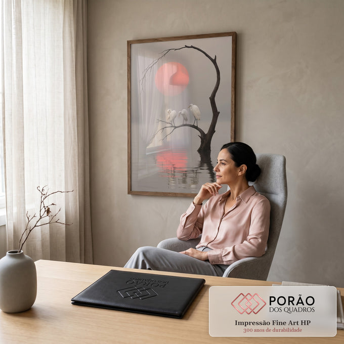 Quadro Decorativo Grande Garças Brancas para Sala Rosa | quadros decorativos | três garças brancas em galho seco com sol rosado refletido na água enevoada | em ambiente 2 | Porao dos Quadros