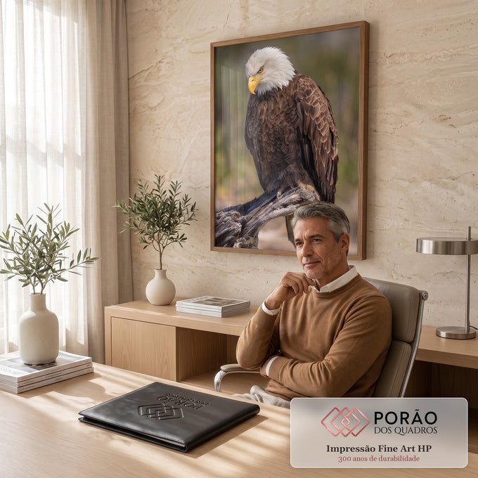Águia de cabeça branca pousada em tronco seco, olhar baixo e plumagem marrom, quadro decorativo