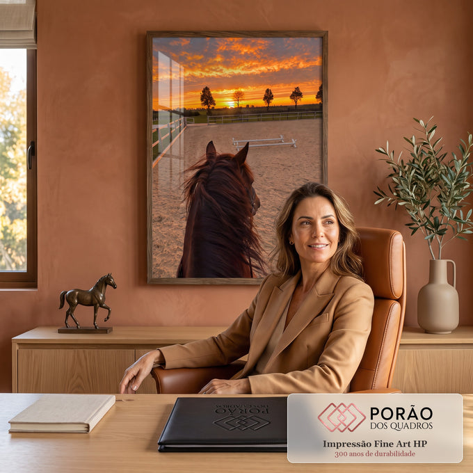Cavalo castanho visto da sela em arena de areia com céu laranja de pôr do sol, quadro decorativo