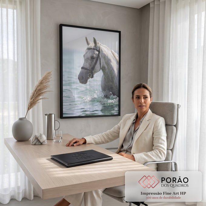 Cavalo branco malhado com cabeçada preta entrando no mar turquesa entre respingos, quadro decorativo