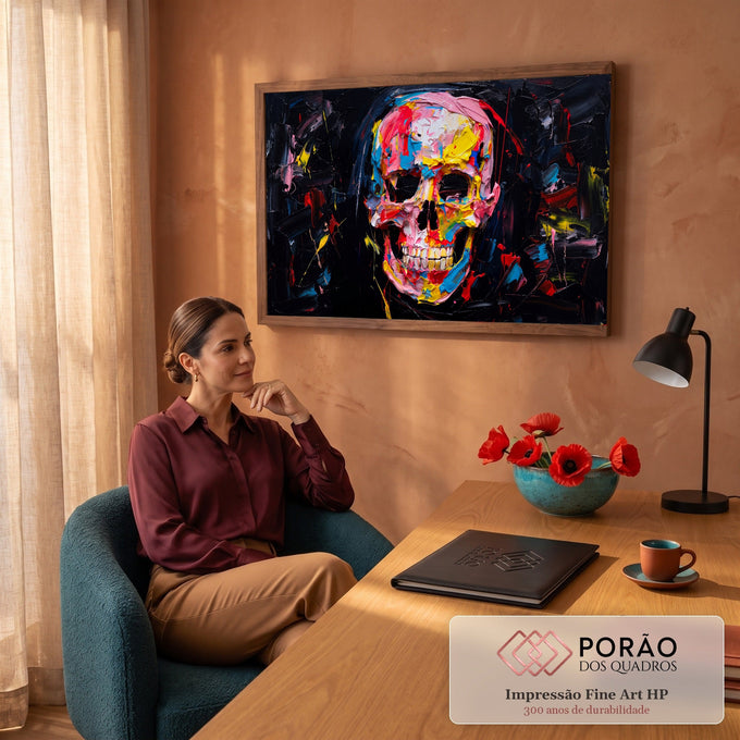 Quadro Decorativo Grande Caveira Colorida Preto para Sala | quadros decorativos | caveira pintada com cores vibrantes e textura grossa sobre fundo preto | em ambiente 2 | Porao dos Quadros
