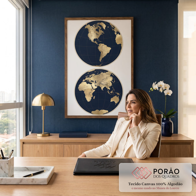 Quadro Decorativo Grande Mapa Mundi para Escritório Azul | quadros decorativos | mapa múndi em dois hemisférios dourados sobre fundo azul-marinho escuro | em ambiente 2 | Porao dos Quadros