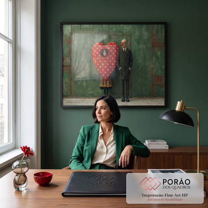 Quadro Decorativo Grande Coração Vermelho para Sala Verde | quadros decorativos | mulher com cabeça saindo de coração vermelho de poá ao lado de homem com alfinetes na cabeça | em ambiente 2 | Porao dos Quadros