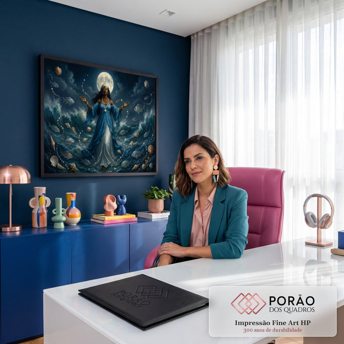 Quadro Decorativo Grande Deusa do Mar com Lua para Sala Azul | quadros decorativos | mulher de vestido azul cercada de pérolas e peixes diante de lua cheia sobre o mar | em ambiente 2 | Porao dos Quadros