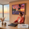 Quadro Decorativo Grande Pôr do Sol Praia para Sala | quadros decorativos | avenida litorânea com coqueiros e céu alaranjado ao pôr do sol | em ambiente 2 | Porao dos Quadros