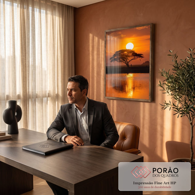 Acácia em silhueta sob sol laranja na savana com reflexo dourado no lago, quadro decorativo