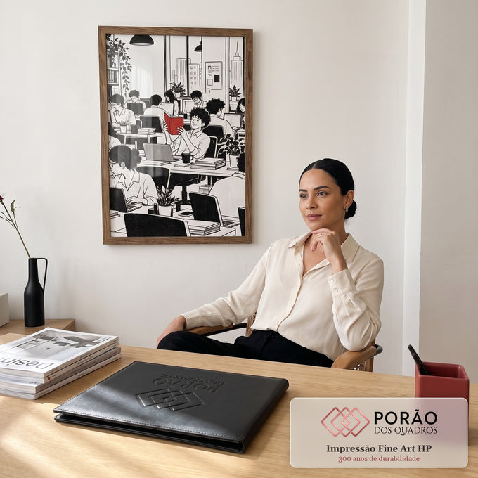 Quadro Decorativo Grande Escritório para Escritório Preto | quadros decorativos | ilustração em preto e branco de escritório lotado com destaque em livro vermelho | em ambiente 2 | Porao dos Quadros