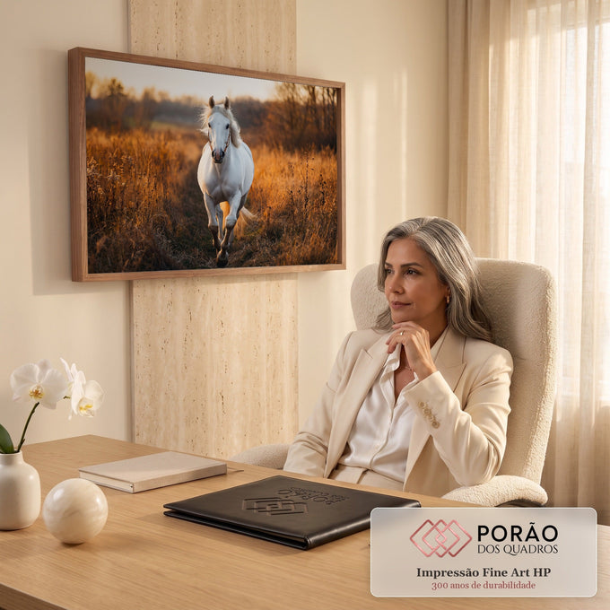 Cavalo branco trotando em trilha de campo dourado ao pôr do sol, fotografia artística, quadro decorativo