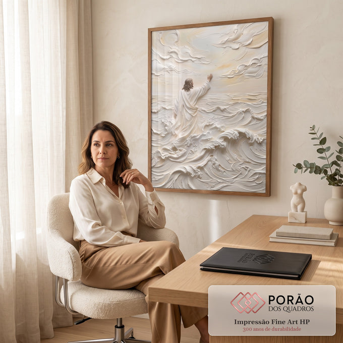Quadro Decorativo Grande Jesus Caminhando Relevo para Sala | quadros decorativos | relevo branco de figura religiosa caminhando sobre ondas com mão erguida ao céu | em ambiente 2 | Porao dos Quadros