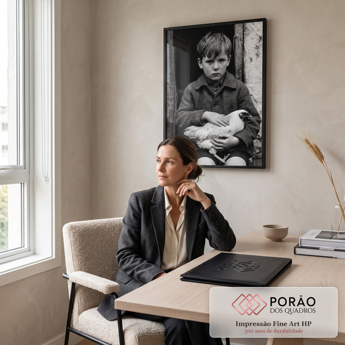 Fotografia preto e branco de menino sardento de casaco tweed segurando galinha branca, quadro decorativo