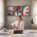 Quadro Decorativo Kit 3 Telas Praia Casa para Sala Rosa | quadros decorativos | tríptico com pôr do sol na praia, casa branca de porta azul e vista aérea de praia rosa | em ambiente 2 | Porao dos Quadros