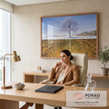 Árvore nevada sob céu azul com raízes douradas espelhadas na terra, pintura a óleo, quadro decorativo