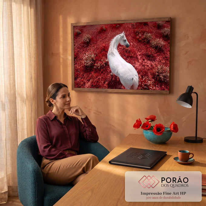 Quadro Decorativo Grande Cavalo Branco para Sala Vermelho | quadros decorativos | cavalo branco visto de cima sobre campo de vegetação vermelha intensa | em ambiente 2 | Porao dos Quadros