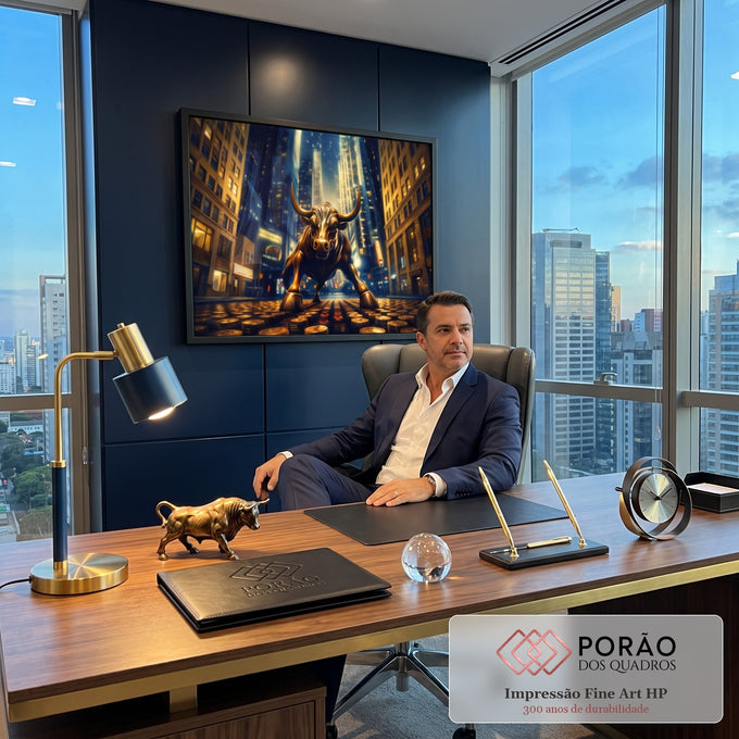 Touro dourado de Wall Street sobre moedas em rua de arranha-céus iluminada à noite, quadro decorativo