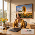 Quadro Decorativo Grande Girassol ao Pôr do Sol para Sala | quadros decorativos | girassol em destaque sobre campo de girassóis ao pôr do sol | em ambiente 2 | Porao dos Quadros