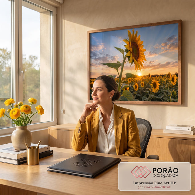 Quadro Decorativo Grande Girassol ao Pôr do Sol para Sala | quadros decorativos | girassol em destaque sobre campo de girassóis ao pôr do sol | em ambiente 2 | Porao dos Quadros