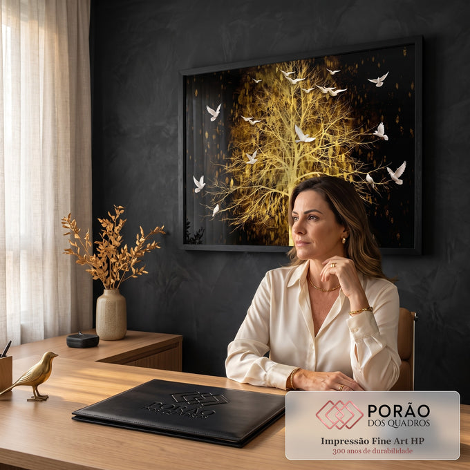 Quadro Decorativo Grande Árvore Dourada Pombas para Sala | quadros decorativos | árvore dourada sem folhas com pombas brancas voando em fundo preto | em ambiente 2 | Porao dos Quadros