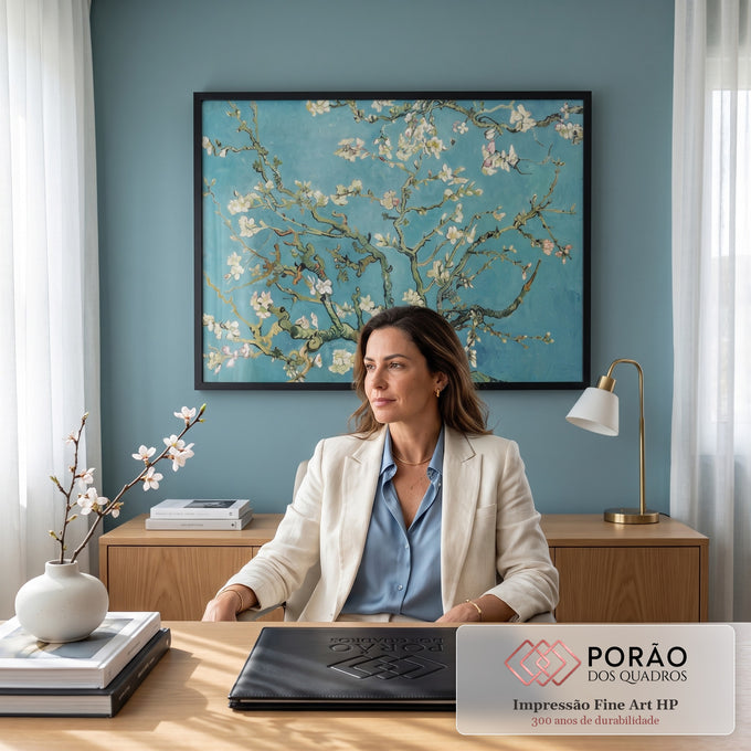 Quadro Decorativo Grande Flor de Amendoeira para Sala Azul | quadros decorativos | galhos de amendoeira em flor branca e rosa sobre fundo azul turquesa | em ambiente 2 | Porao dos Quadros