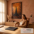 Quadro Decorativo Grande Árvore Vista Outono para Sala | quadros decorativos para sala | árvore vista de baixo com copa alaranjada de outono em floresta densa | em Quadros para Sala | Porao dos Quadros