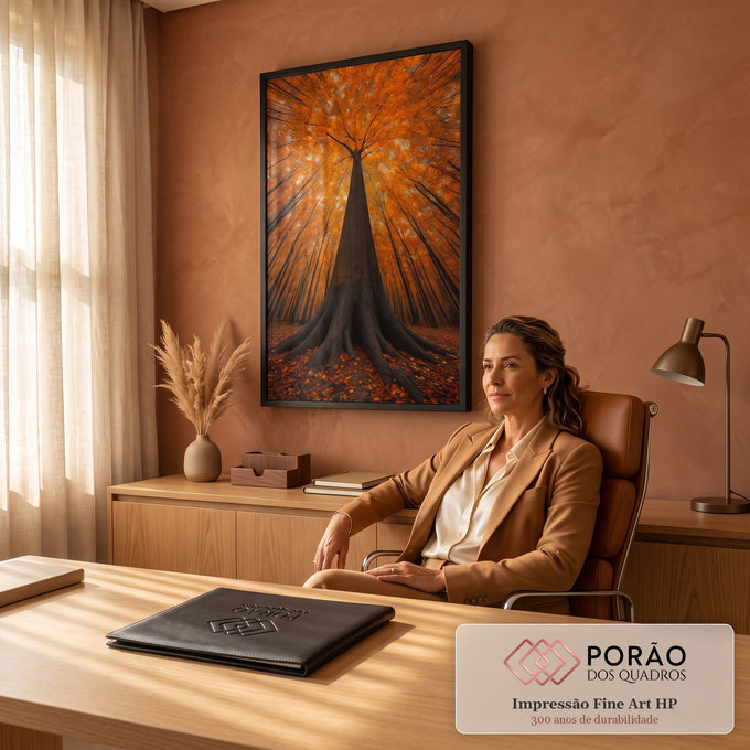 Quadro Decorativo Grande Árvore Vista Outono para Sala | quadros decorativos para sala | árvore vista de baixo com copa alaranjada de outono em floresta densa | em Quadros para Sala | Porao dos Quadros