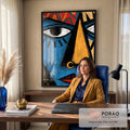 Quadro Decorativo Máscara Tribal Azul e Dourada | quadros decorativos | rosto estilizado tribal dividido em azul e dourado com olhos grandes e boca vermelha | em Quadros para Escritorio | Porao dos Quadros