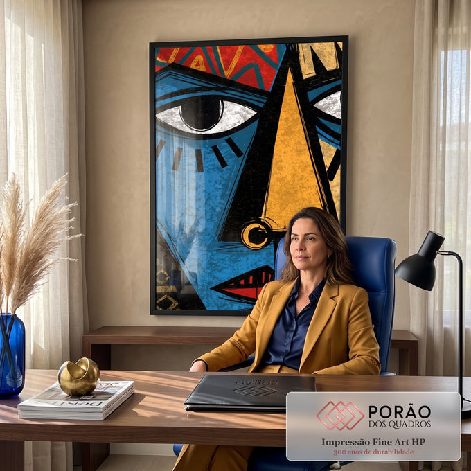 Quadro Decorativo Máscara Tribal Azul e Dourada | quadros decorativos | rosto estilizado tribal dividido em azul e dourado com olhos grandes e boca vermelha | em Quadros para Escritorio | Porao dos Quadros